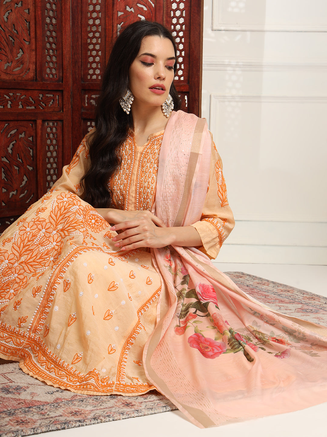 Chikankari Premium  Chanderi Orange Kalidar Kurta Set - Sufiza Lifestyle