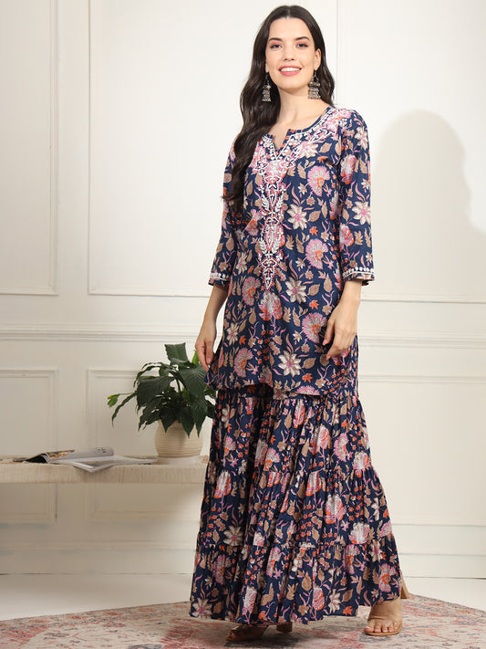 Block Print Fusion with Chikankari Kurta and Sharara