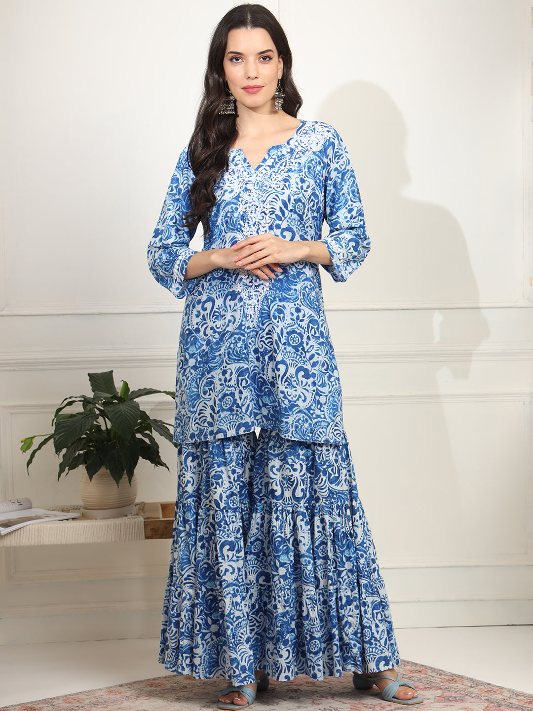 Block Print with Chikankari Kurta and Sharara - Sufiza Lifestyle