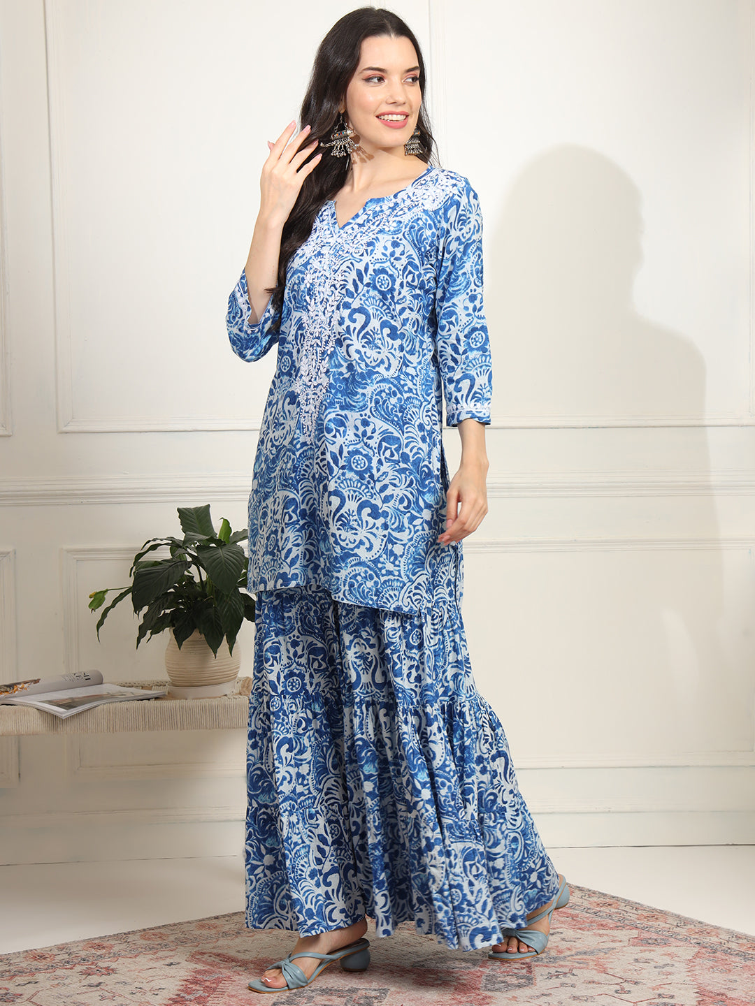 Block Print with Chikankari Kurta and Sharara - Sufiza Lifestyle