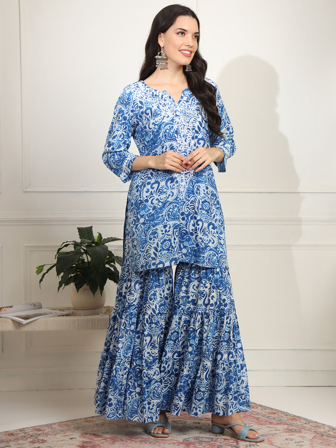 Block Print with Chikankari Kurta and Sharara - Sufiza Lifestyle