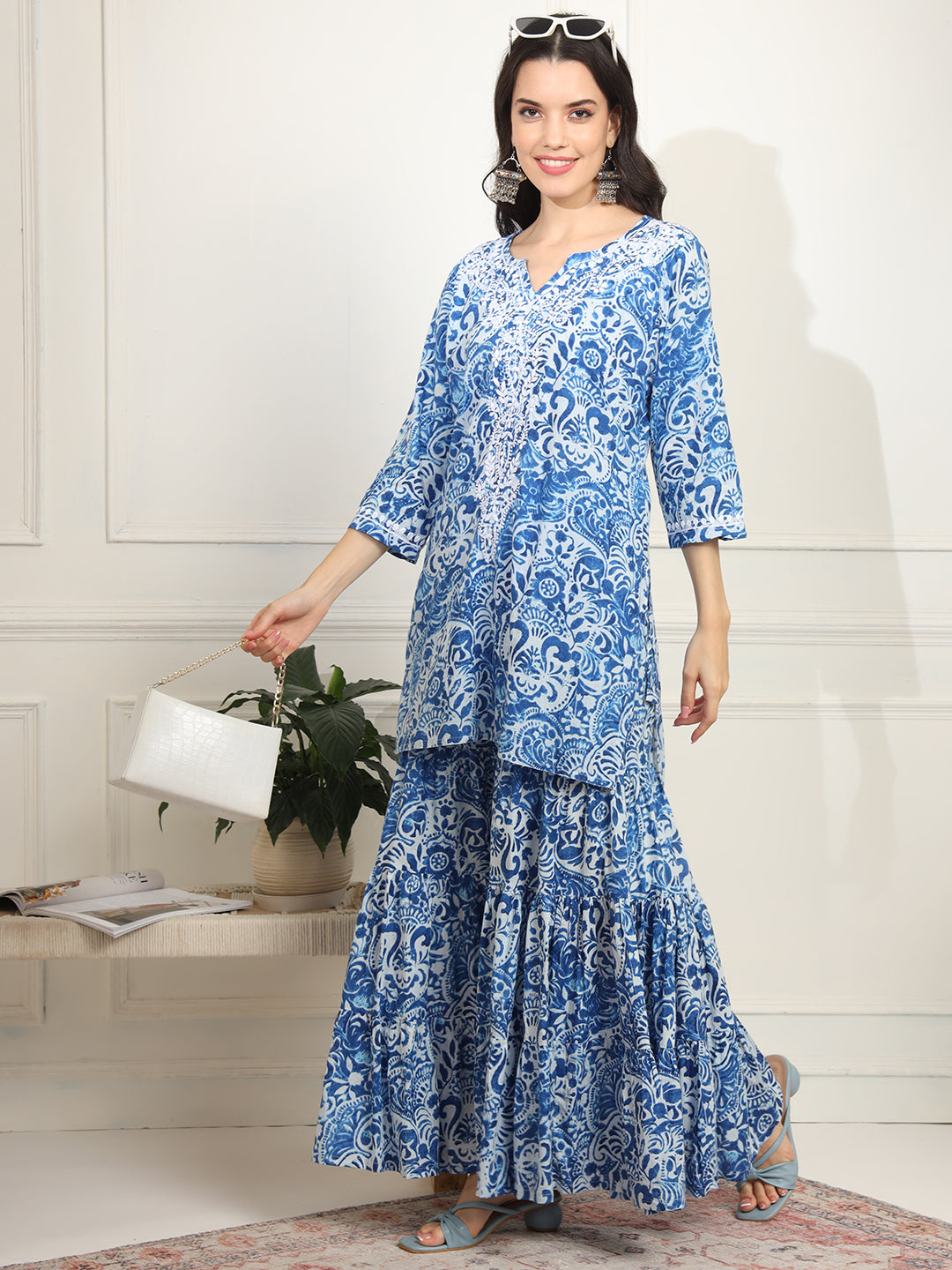 Block Print with Chikankari Kurta and Sharara - Sufiza Lifestyle