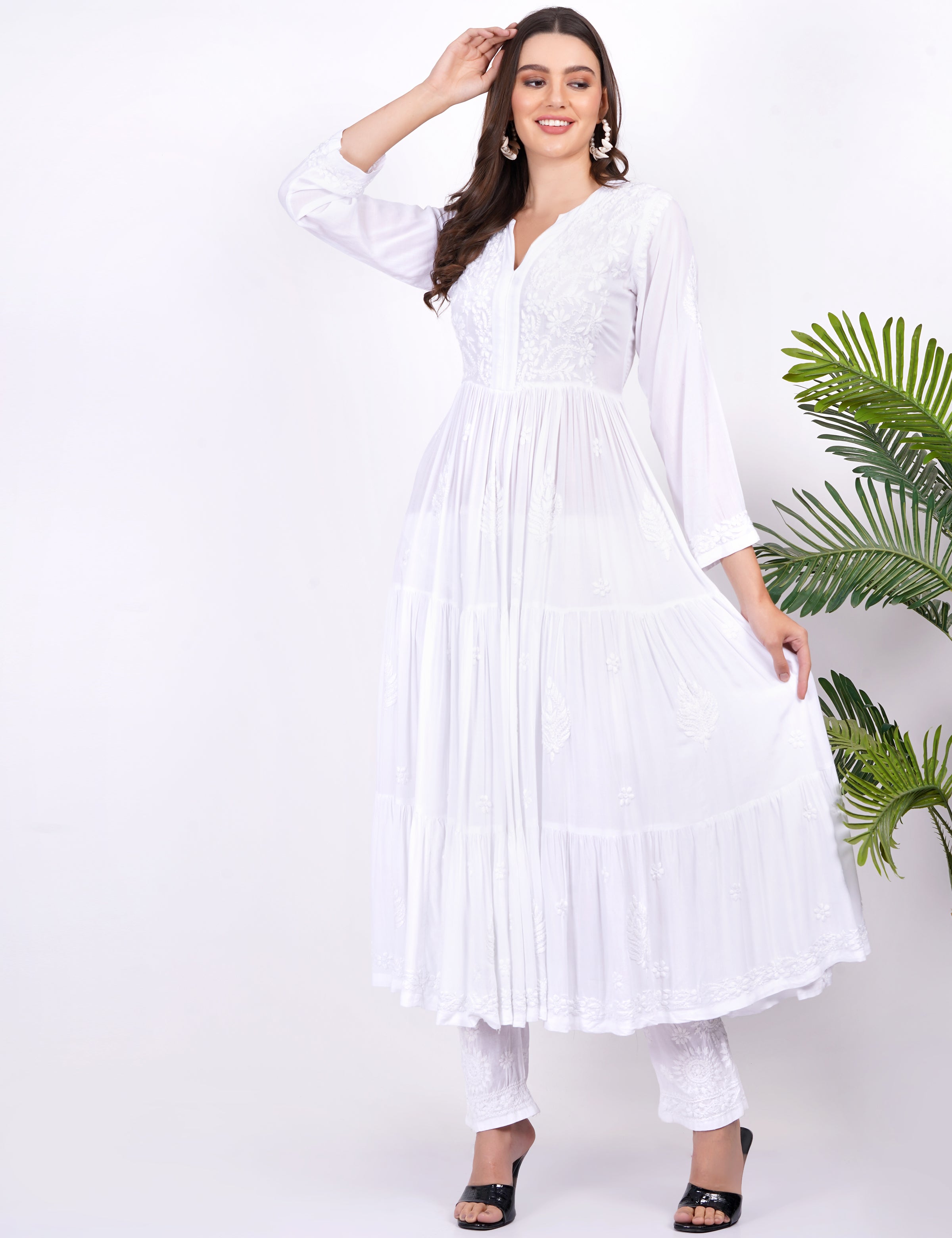 White Modal Chikankari Three Layer Dress - Sufiza Lifestyle