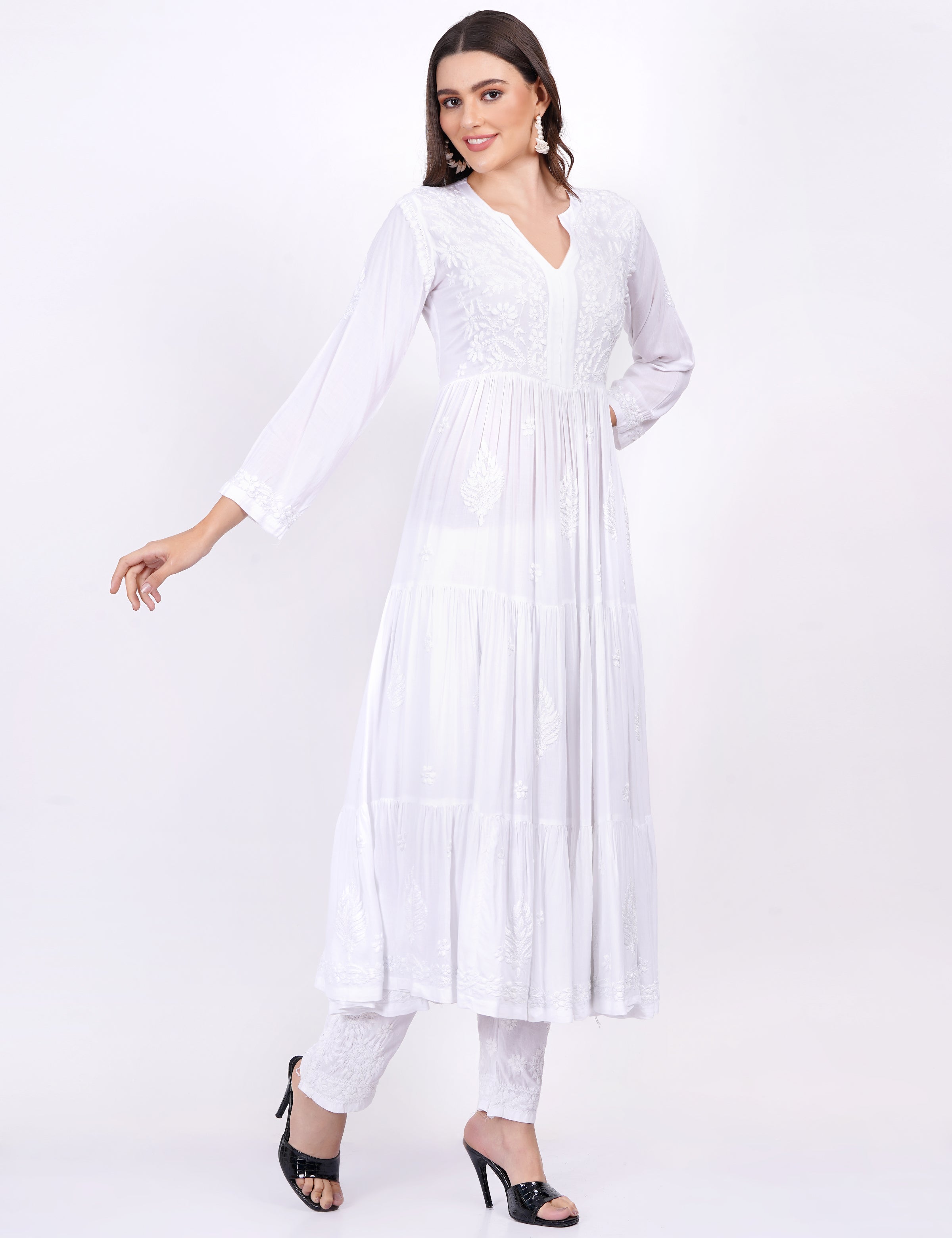 White Modal Chikankari Three Layer Dress - Sufiza Lifestyle