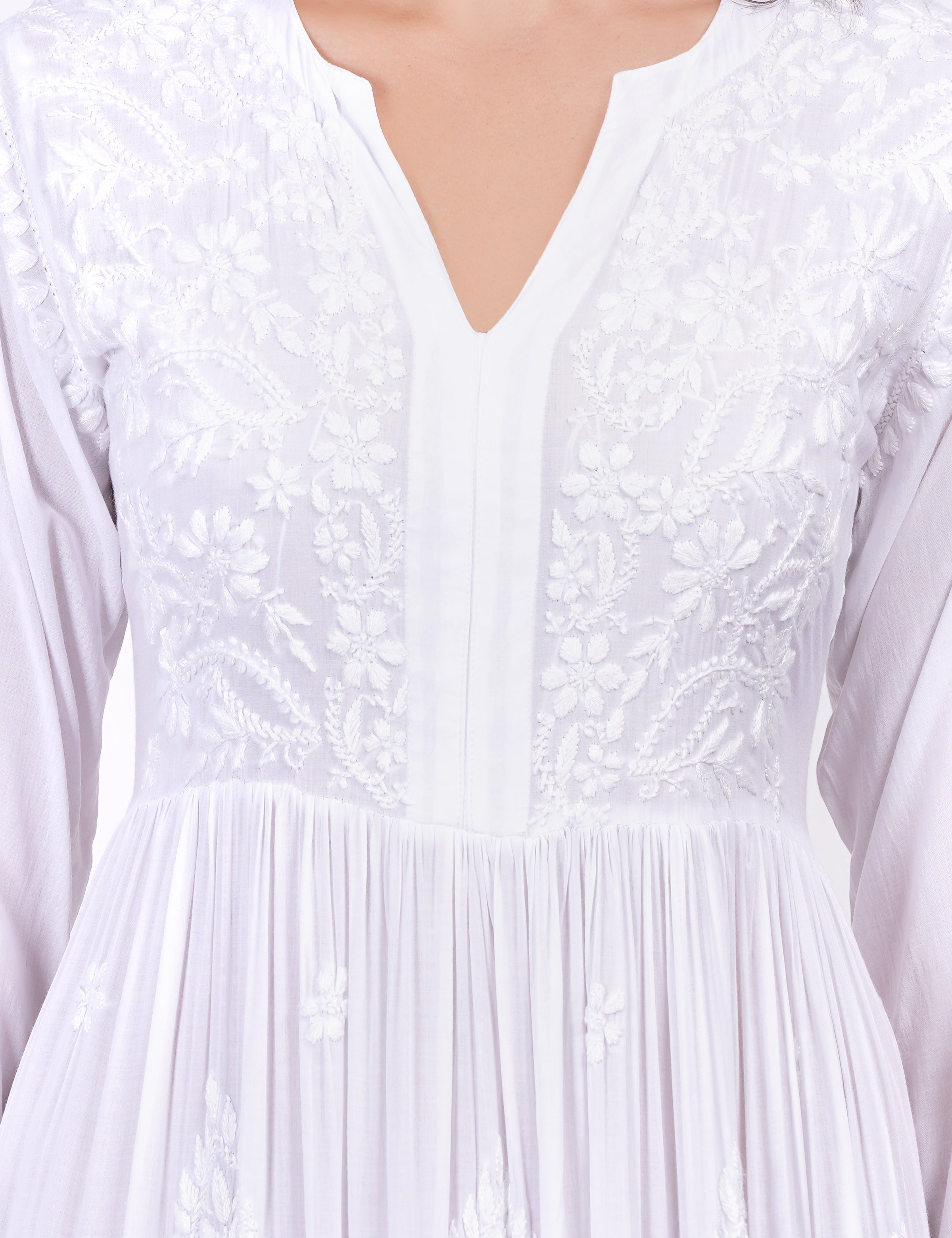 White Modal Chikankari Three Layer Dress - Sufiza Lifestyle