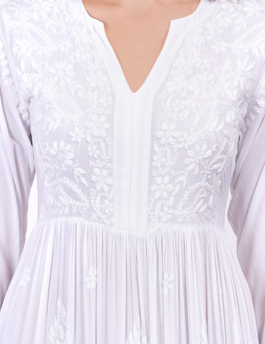 White Modal Chikankari Three Layer Dress - Sufiza Lifestyle