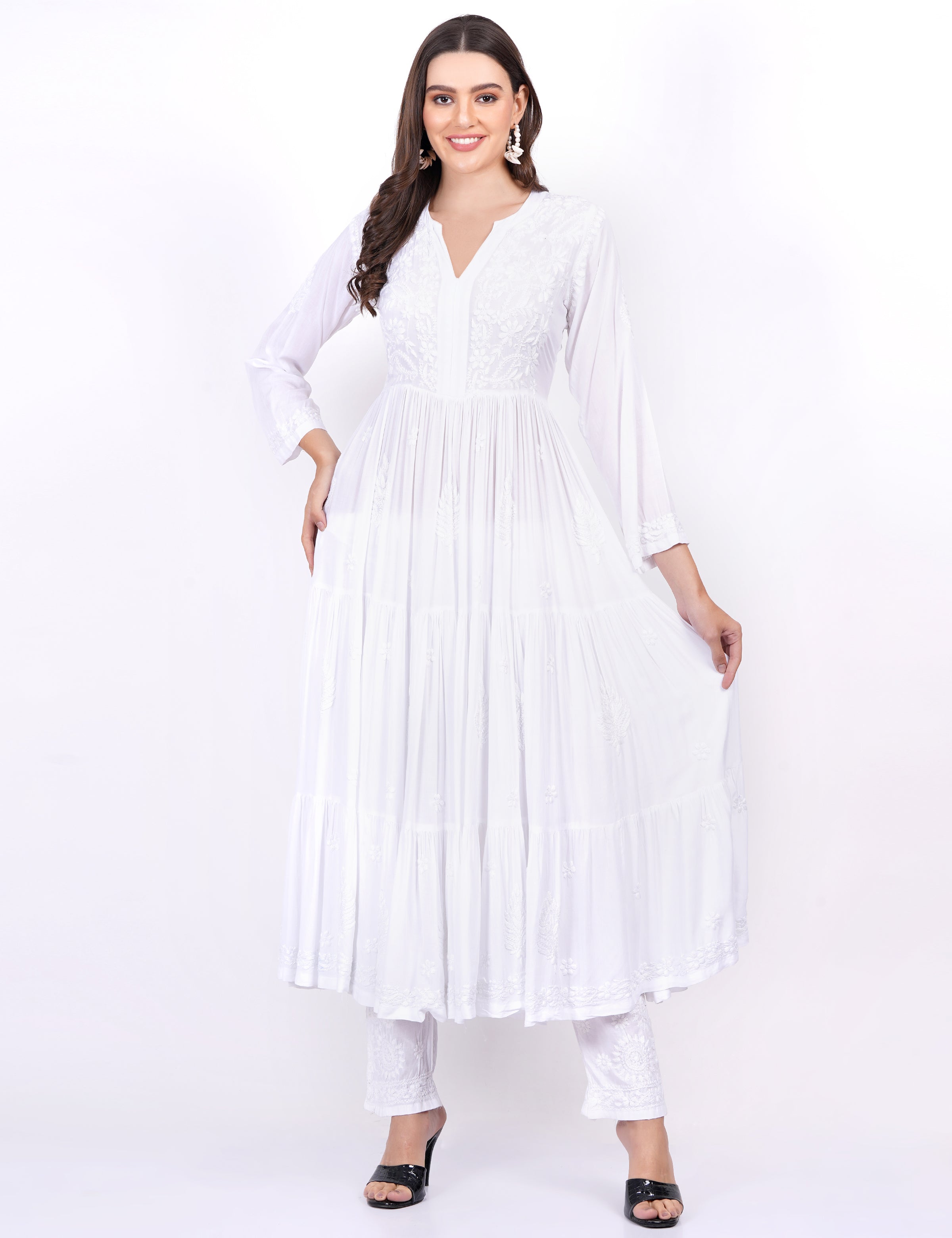 White Modal Chikankari Three Layer Dress - Sufiza Lifestyle