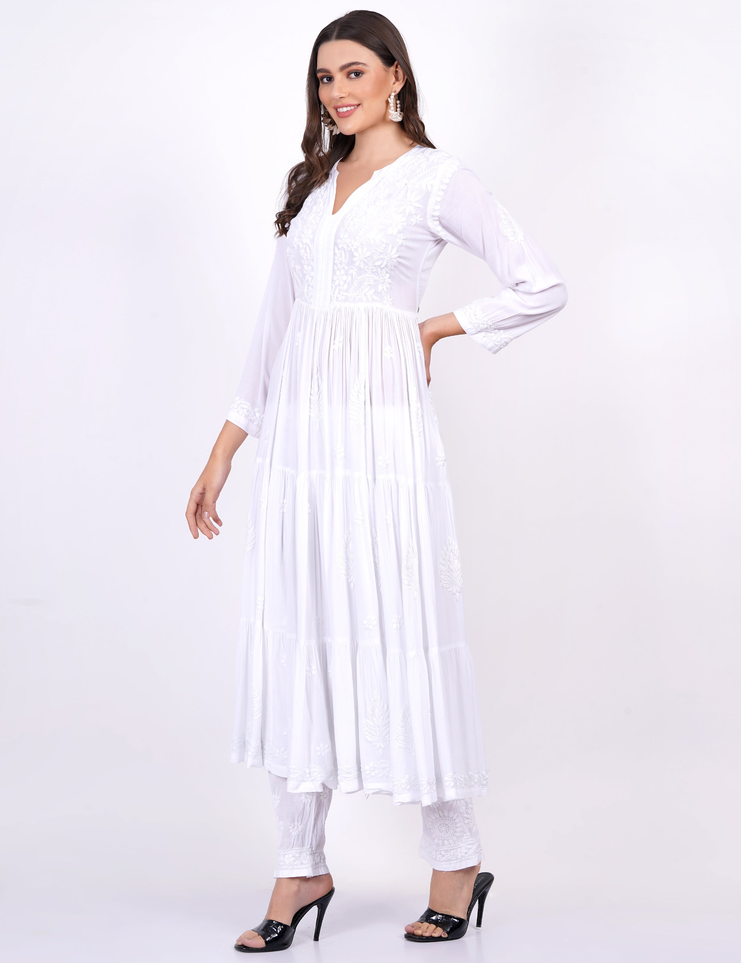 White Modal Chikankari Three Layer Dress - Sufiza Lifestyle