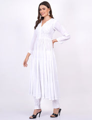 White Modal Chikankari Three Layer Dress - Sufiza Lifestyle