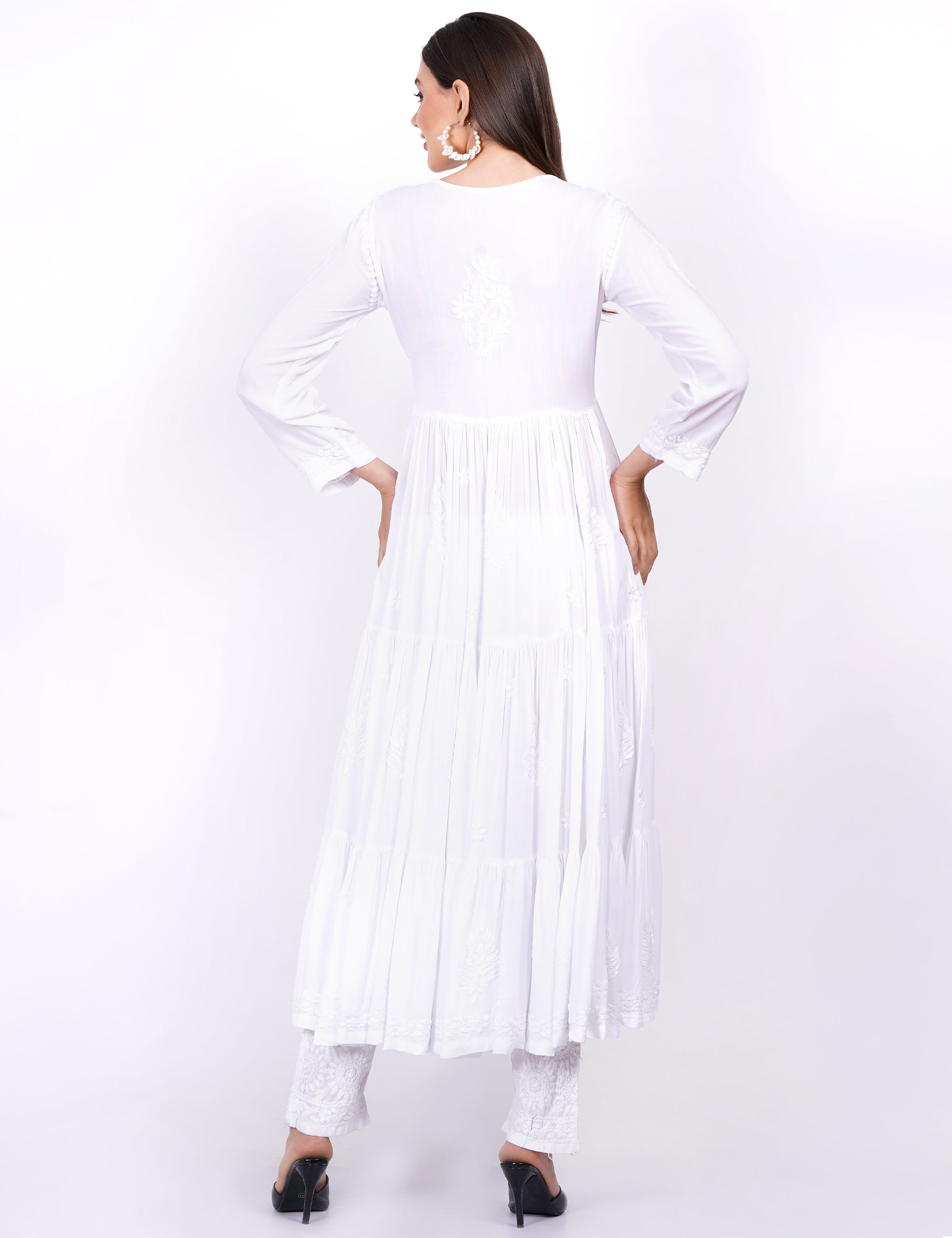 White Modal Chikankari Three Layer Dress - Sufiza Lifestyle