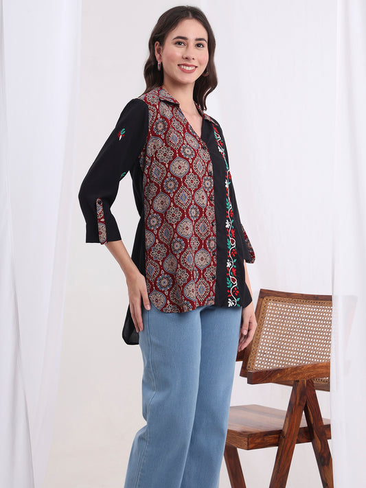 "Sufiza"  Chikankari Viscose Rayon and Ajark Print Shirt S4000