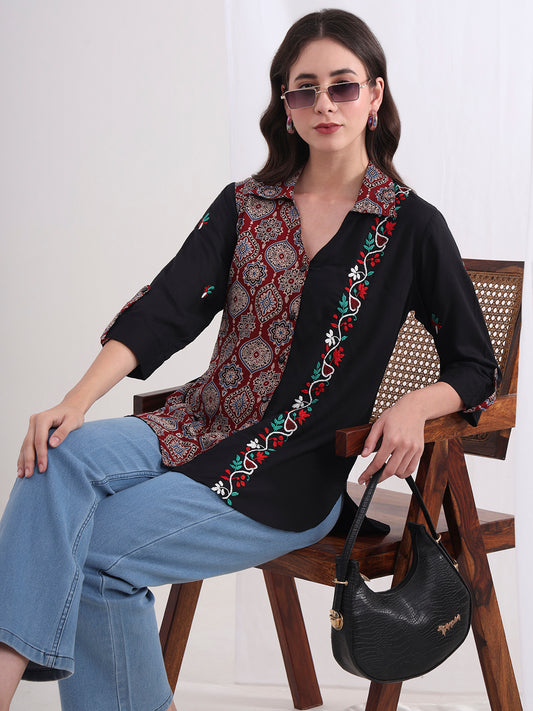 "Sufiza"  Chikankari Viscose Rayon and Ajark Print Shirt S4000