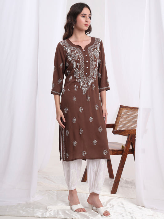 Chikankari Hand Embroided Modal Brown Kurta S1002