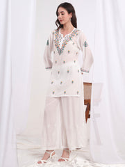 Chikankari Muslin White with Three Color Emboidery Kurti S1009