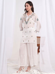 Chikankari Muslin White with Three Color Emboidery Kurti S1009