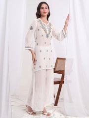Chikankari Muslin White with Three Color Emboidery Kurti S1009