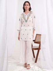 Chikankari Muslin White with Three Color Emboidery Kurti S1009