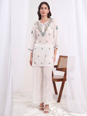 Chikankari Muslin White with Three Color Emboidery Kurti S1009