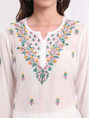 Chikankari Muslin White with Three Color Emboidery Kurti S1009