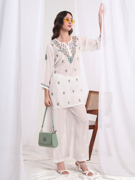 Chikankari Muslin White with Three Color Emboidery Kurti S1009
