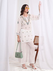 Chikankari Muslin White with Three Color Emboidery Kurti S1009