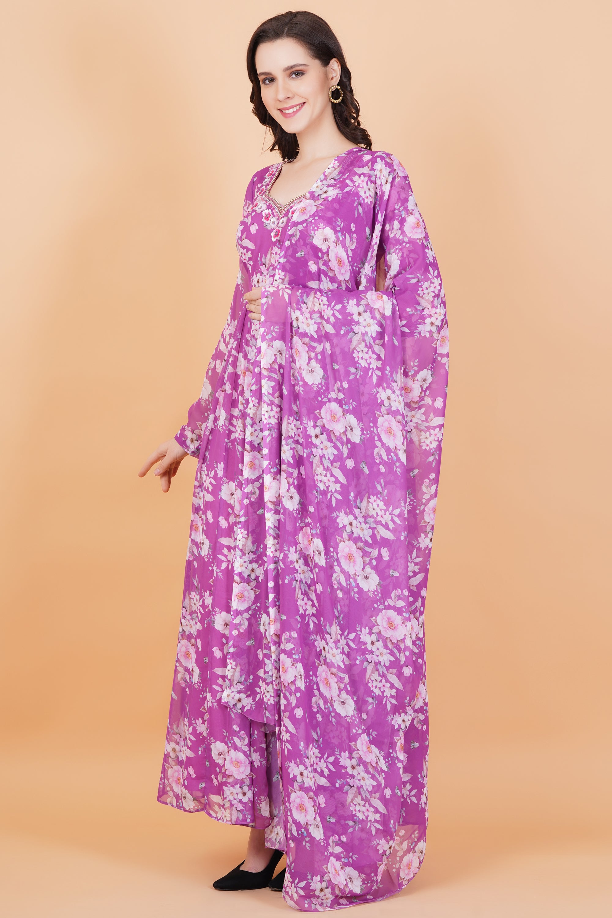 Purple Flower Printed Georgette Zardosi Hand Work - Sufiza Lifestyle