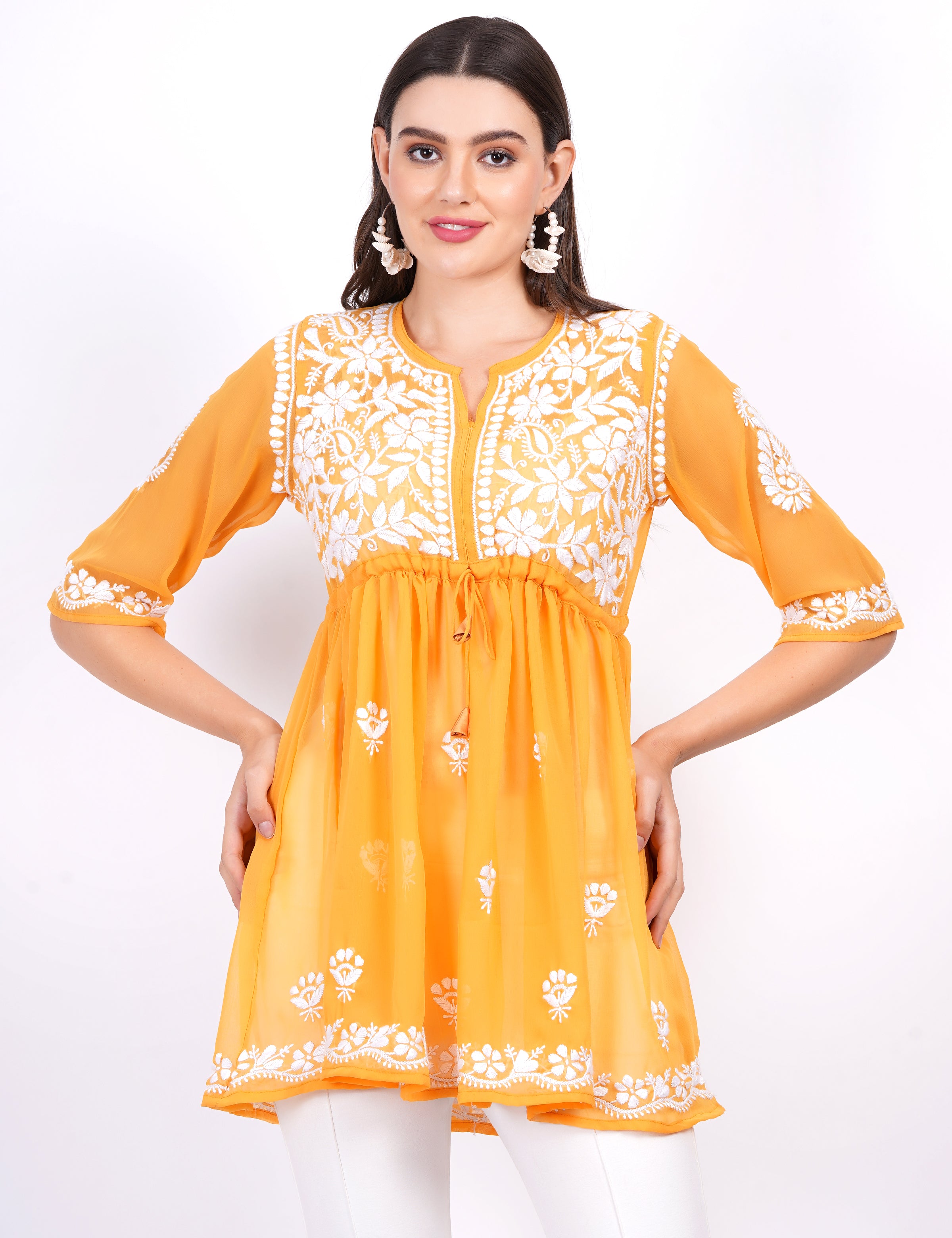 Mustard Georgette Chikankari Peplum Dress - Sufiza Lifestyle