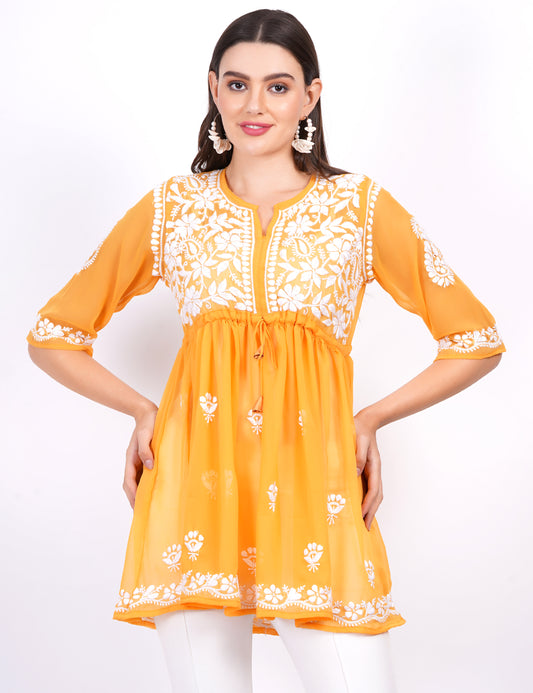 Mustard Georgette Chikankari Peplum Dress - Sufiza Lifestyle