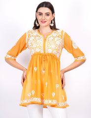 Mustard Georgette Chikankari Peplum Dress - Sufiza Lifestyle