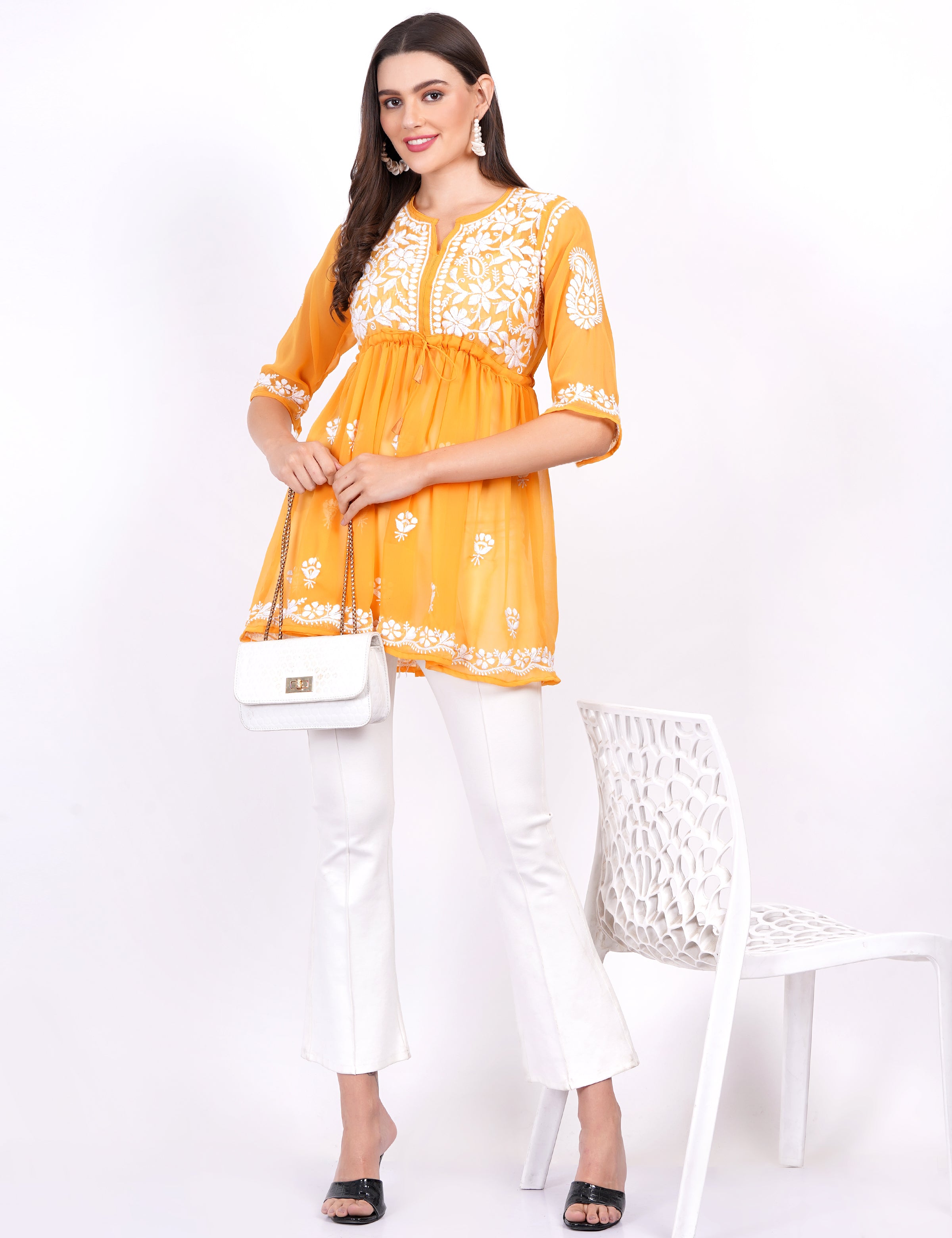 Mustard Georgette Chikankari Peplum Dress - Sufiza Lifestyle