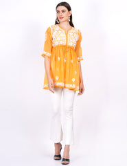 Mustard Georgette Chikankari Peplum Dress - Sufiza Lifestyle
