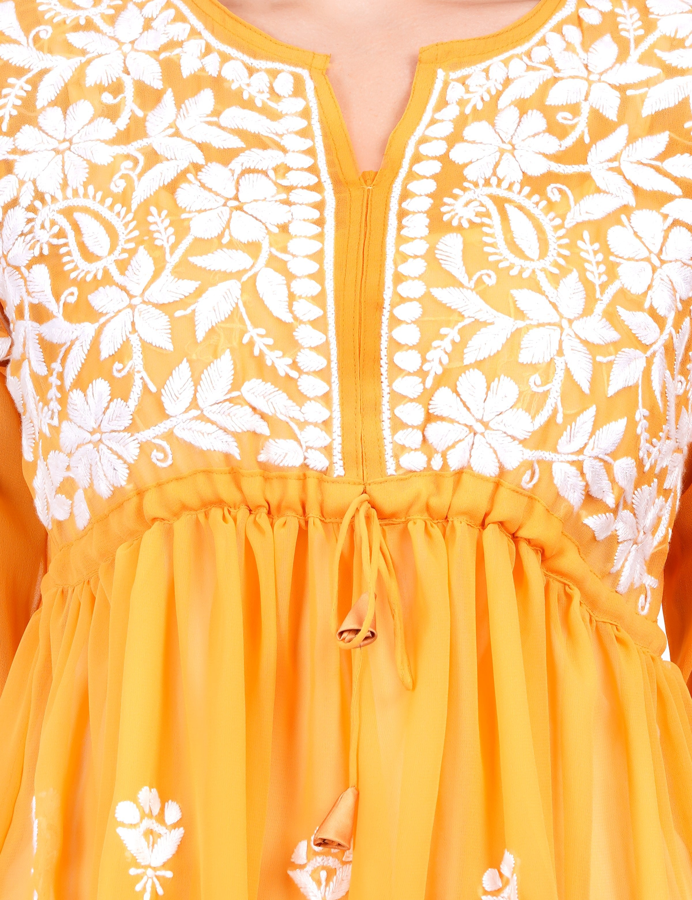 Mustard Georgette Chikankari Peplum Dress - Sufiza Lifestyle
