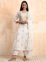 Hand Crafted Mul Chanderi with Zradosi Highlighted Kurta set