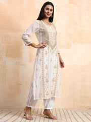 Hand Crafted Mul Chanderi with Zradosi Highlighted Kurta set