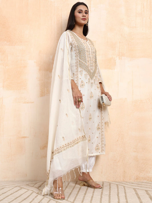 Hand Crafted Mul Chanderi with Zradosi Highlighted Kurta set
