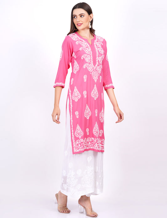 Pink Rayon Chikankari Kurti - Sufiza Lifestyle
