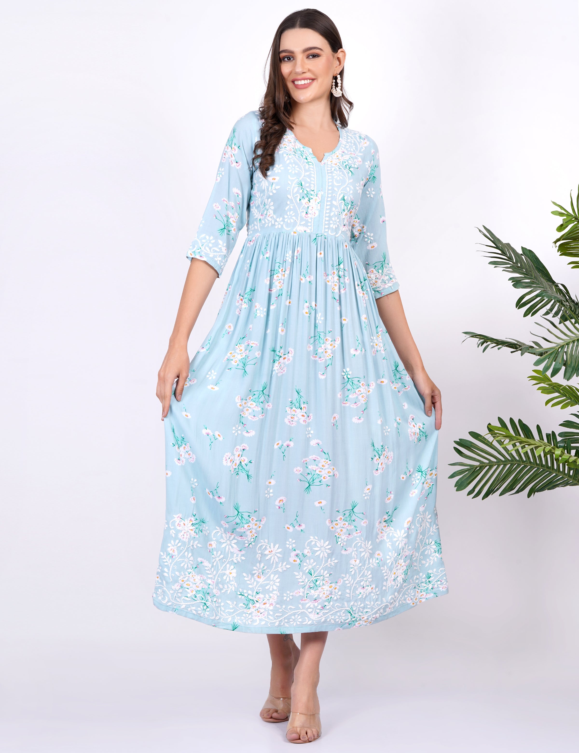 Blue Rayon Printed Chikankari Dress - Sufiza Lifestyle