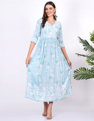 Blue Rayon Printed Chikankari Dress - Sufiza Lifestyle