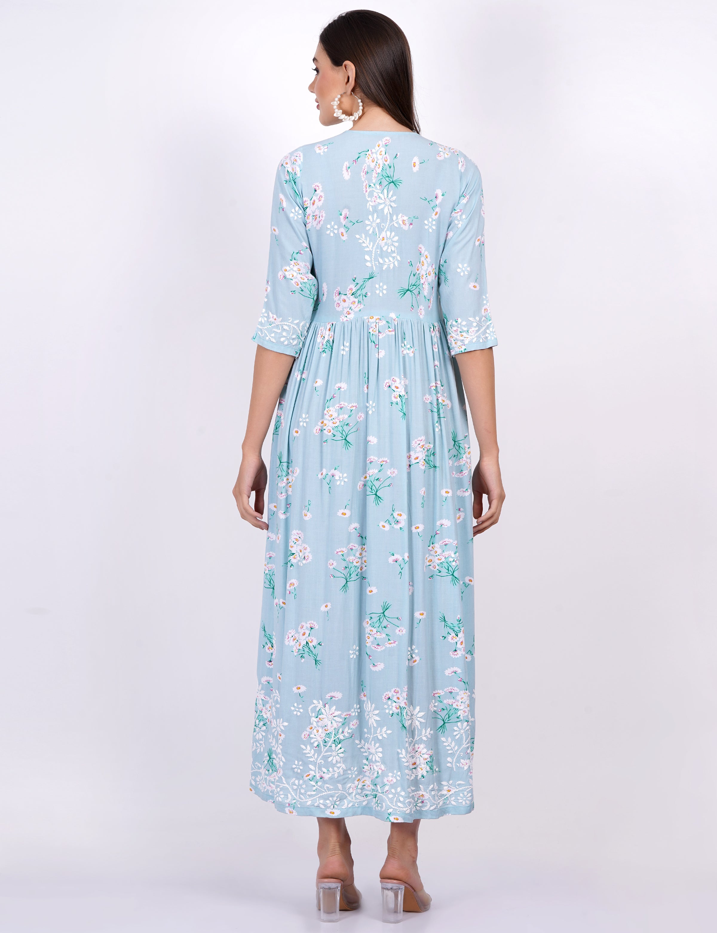 Blue Rayon Printed Chikankari Dress - Sufiza Lifestyle
