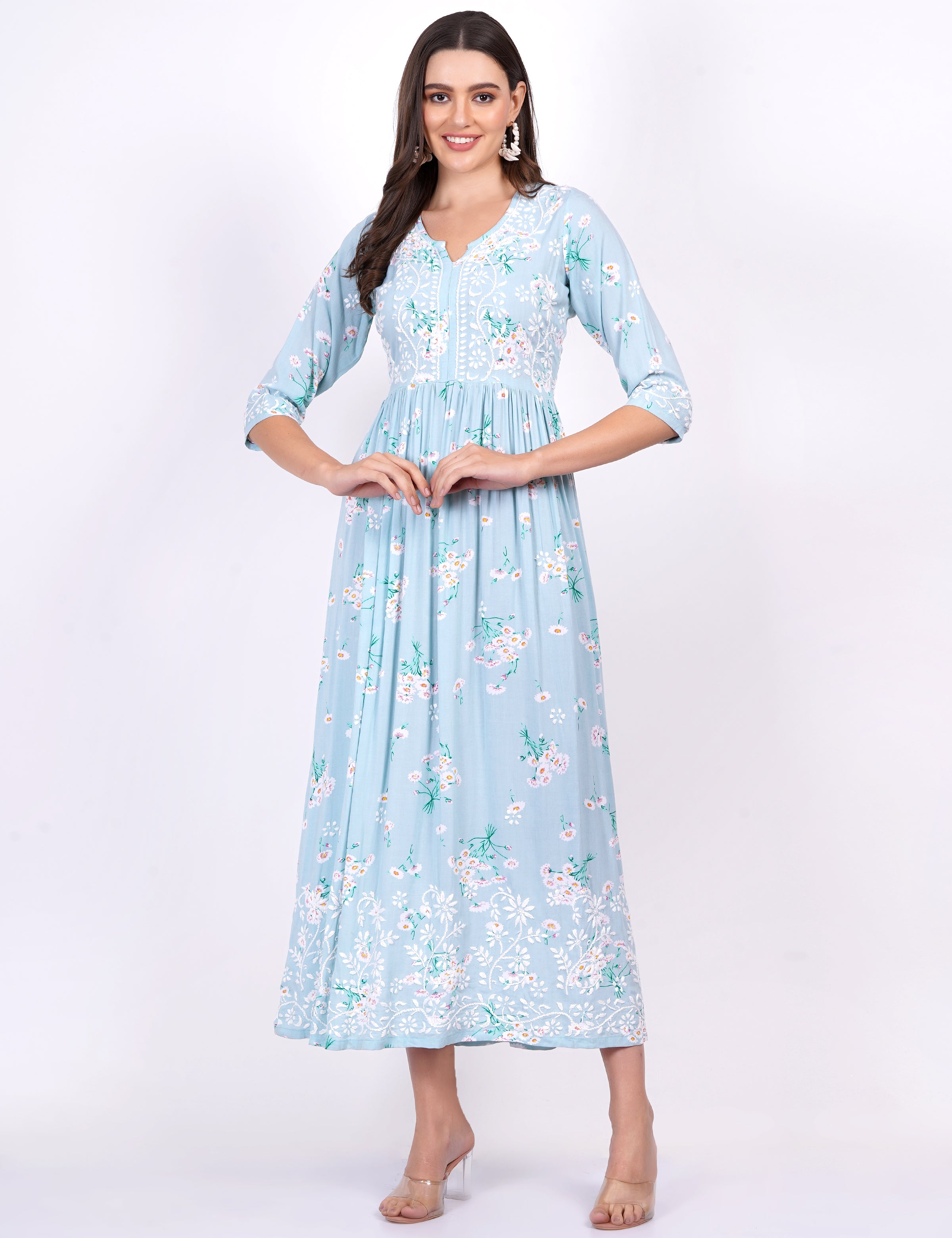 Blue Rayon Printed Chikankari Dress - Sufiza Lifestyle
