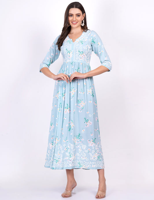 Blue Rayon Printed Chikankari Dress - Sufiza Lifestyle