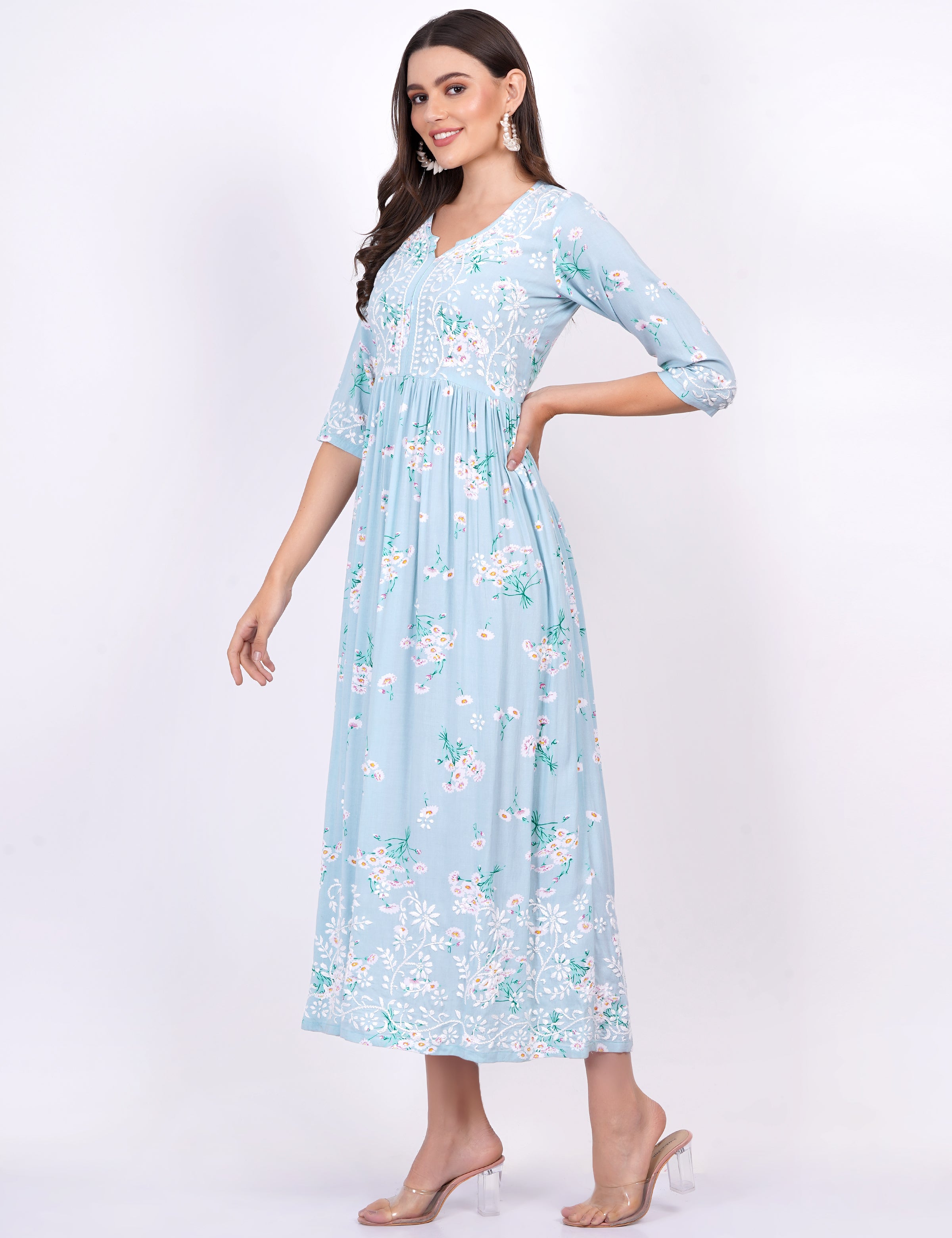 Blue Rayon Printed Chikankari Dress - Sufiza Lifestyle