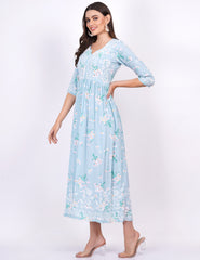 Blue Rayon Printed Chikankari Dress - Sufiza Lifestyle