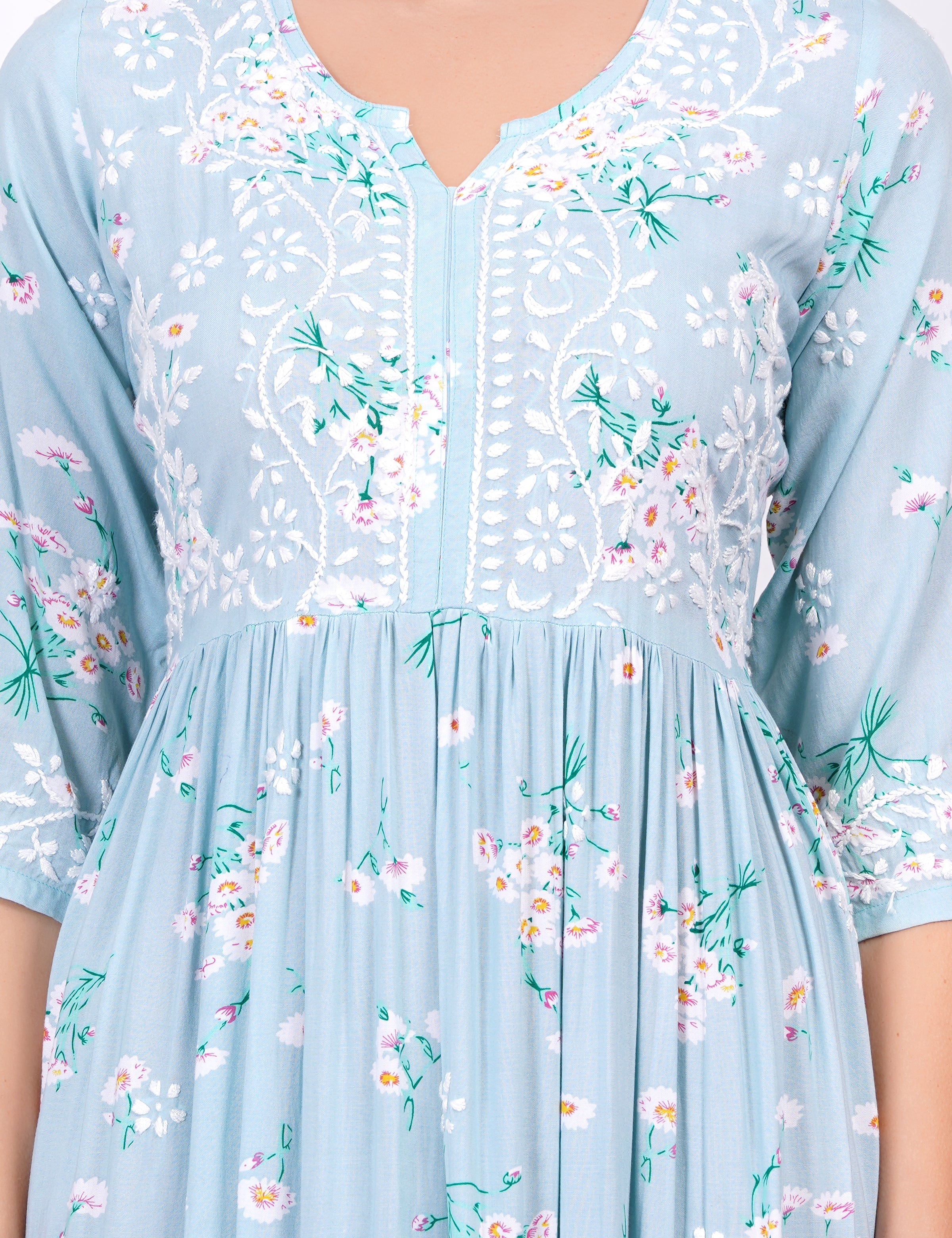 Blue Rayon Printed Chikankari Dress - Sufiza Lifestyle