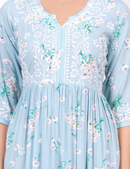 Blue Rayon Printed Chikankari Dress - Sufiza Lifestyle