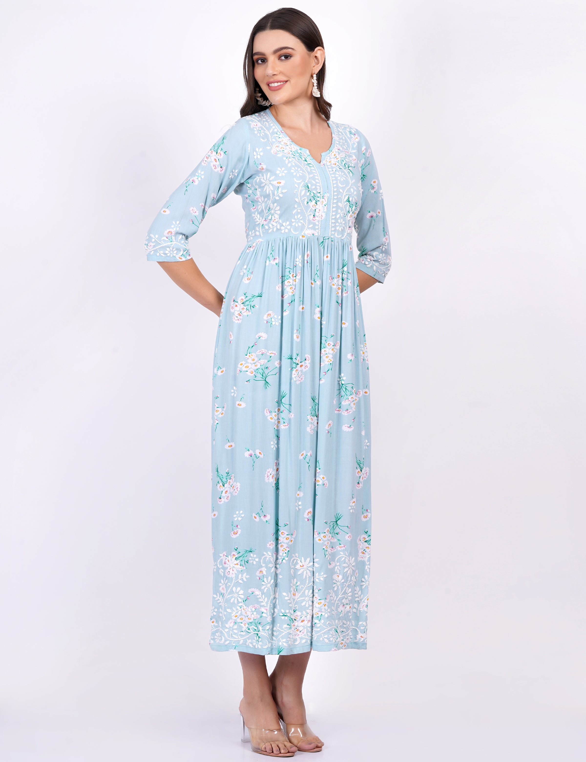 Blue Rayon Printed Chikankari Dress - Sufiza Lifestyle