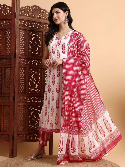 Hand Block Kurta Set Check Dupatta