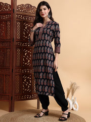 Hand Black Ajrak Print Kurta