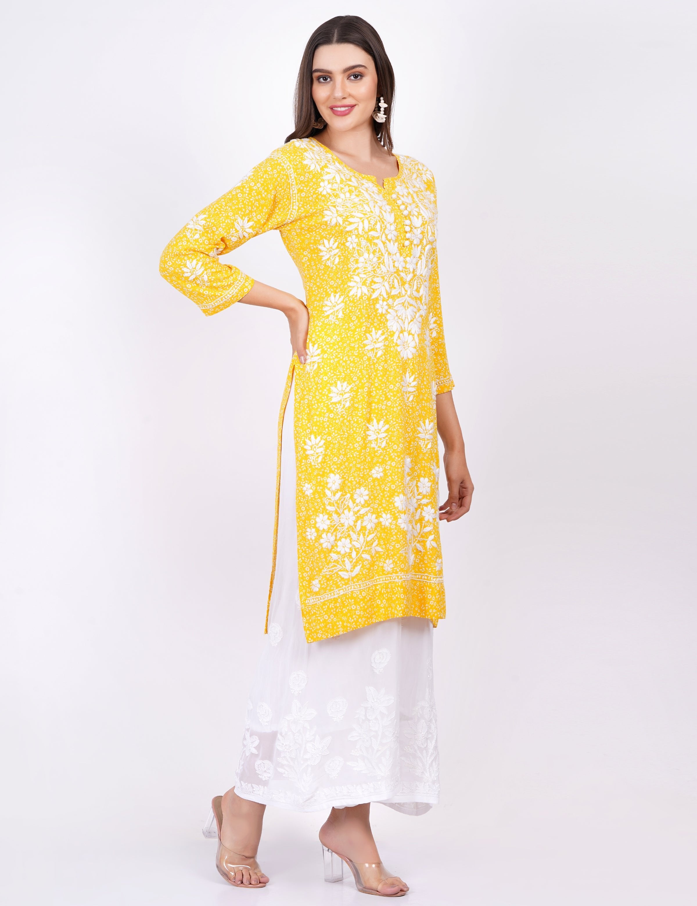Yellow Rayon Chikankari Kurti - Sufiza Lifestyle
