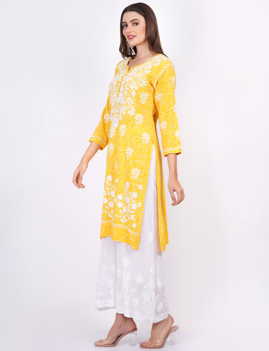 Yellow Rayon Chikankari Kurti - Sufiza Lifestyle
